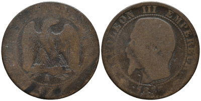 ФРАНЦИЯ 5 САНТИМОВ 185Х А, НАПОЛЕОН III KM 777.1 бронза 67-123