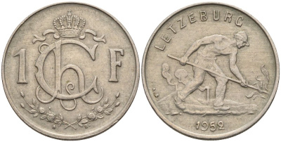 Люксембург 1 франк 1952 сталевар KM 46.2 медно-никель 4152-556