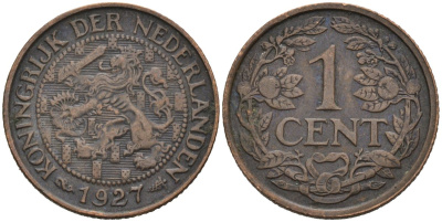 Нидерланды 1 цент 1927 Вильгельмина (1890-1948) KM 152 бронза 4576-736