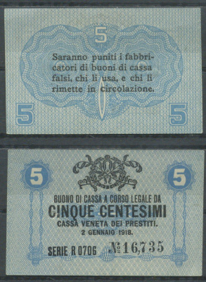 Италия 5 чентезимо 1918 	Венецианский ссудный банк Pick M1 бумага aUNC 7554-5-1-2