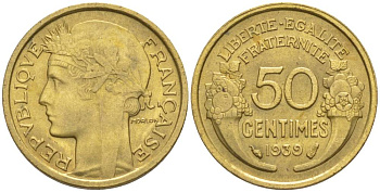 ФРАНЦИЯ 50 САНТИМОВ 1939 ТИП MORLON KM 894.1, LE FRANC 192.15 алюминиевая бронза 44-829