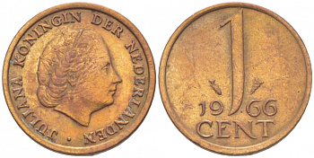 НИДЕРЛАНДЫ 1 ЦЕНТ 1966 ЮЛИАНА KM 180 бронза 3955-434