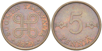 ФИНЛЯНДИЯ 5 ПЕННИ 1975 KM 45 медь 4516-1266