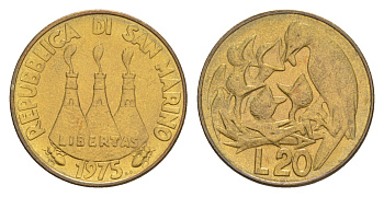 Сан-Марино 20 лир 1975 Любовь у животных KM 44 алюминиевая бронза UNC 4647-168