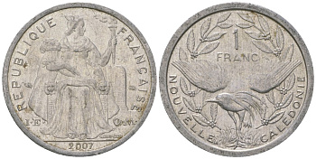Французская Новая Каледония 1 франк 2007 птица кагу, (IEOM) KM 10, Schoen 10 алюминий 55-212