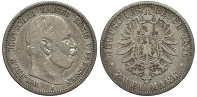 Пруссия 2 марки 1876 A, Вильгельм I (1861-1888) Weege 96, J. 96, KM 506 серебро 02-014-12