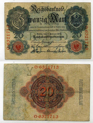 ГЕРМАНИЯ 20 МАРОК 1914 19 ФЕВРАЛЯ 1914, СЕМИЗНАЧНЫЙ НОМЕР Pick 46b бумага 6283-50-3