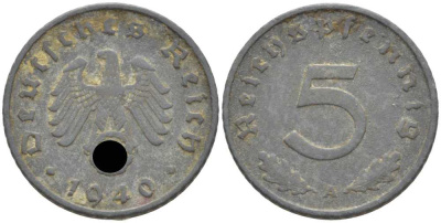 ГЕРМАНИЯ 5 РЕЙХСПФЕННИГОВ 1940 A KM 100, J. 370 цинк 105-233