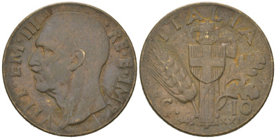Италия 10 чентезимо 1943 R, Виктор Эммануил III (1900-1946) KM 74a алюминиевая бронза 113-244