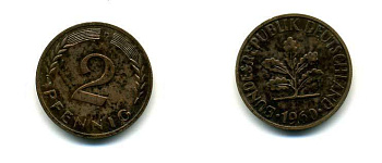 ФРГ 2 ПФЕННИГА 1960 D KM 106, J. 381 бронза 83-1926