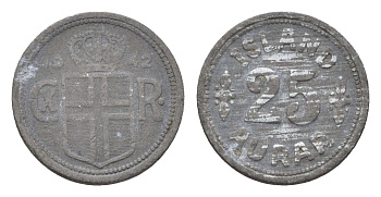 Исландия 25 эйре 1942 год-тип KM 2a цинк 220-238
