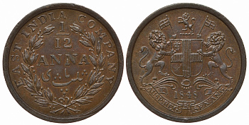 Британская Индия 1/12 анна 1848 Британская Ост-Индская компания, 18 мм. Бомбей KM 445 медь XF-UNC 4044-121