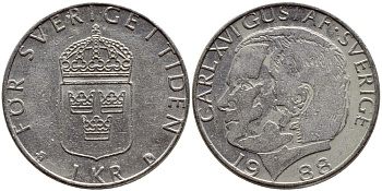 Швеция 1 крона 1988 Карл XVI Густав (1973- ) KM 852a медно-никель 4397-1225