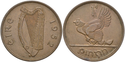 Ирландия 1 пенни 1952 курица с цыплятами KM 11 бронза 4593-445