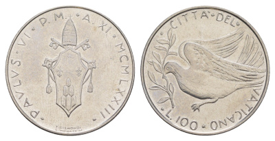 Ватикан 100 лир 1973 MCMLXXIII, Павел VI KM 122 нержавеющая сталь UNC 4648-151