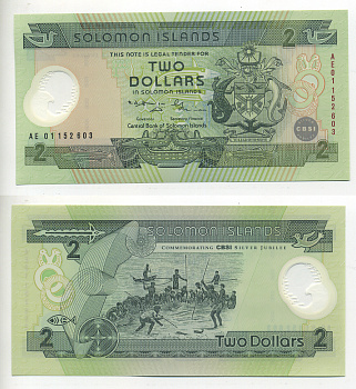 СОЛОМОНОВЫ ОСТРОВА 2 ДОЛЛАРА 2001 Pick 23 пластик UNC (ПРЕСС) 6318-3-3-2