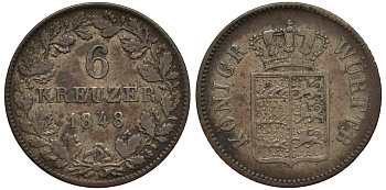 Вюртемберг 6 крейцеров 1848 Вильгельм I (1816-1864) KM 592 серебро 603-511