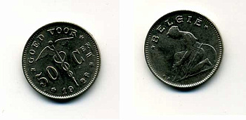 БЕЛЬГИЯ 50 САНТИМОВ 1928 BELGIE KM 88 никель 46-1956