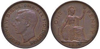 Великобритания 1 пенни 1939 Георг VI (1936-1952) KM 845, Spink 4114 бронза 4131-432