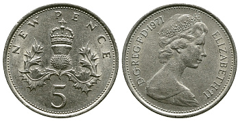 Великобритания 5 пенсов 1971 Елизавета II (1952-2022) KM 911, Spink 4233 (D1) медно-никель 4384-533
