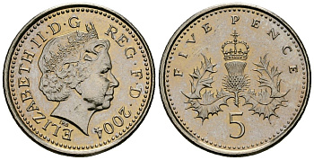 Великобритания 5 пенсов 2004 Елизавета II (1952-2022) KM 988, Spink 4670 (D5) медно-никель 4173-767