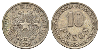 Парагвай 10 песо 1939 год-тип KM 19 медно-никель 4666-1056