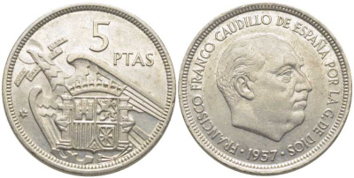 ИСПАНИЯ 5 ПЕСЕТ 1957 (74) ФРАНСИСКО ФРАНКО ДИКТАТОР ИСПАНИИ (1939-1975) KM 787 медно-никель 113-354