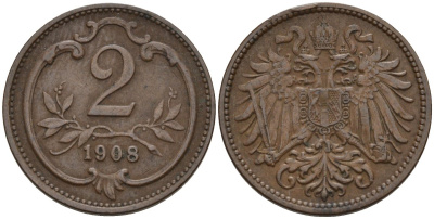 Австрия 2 геллера 1908 Франц Иосиф (1848-1916) KM 2801 бронза 220-831