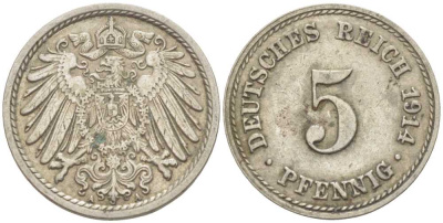 ГЕРМАНИЯ 5 ПФЕННИГОВ 1914 A KM 11, J. 12 медно-никель 105-213