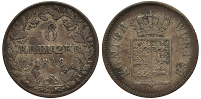 Вюртемберг 6 крейцеров 1848 Вильгельм I (1816-1864) KM 592 серебро 603-511