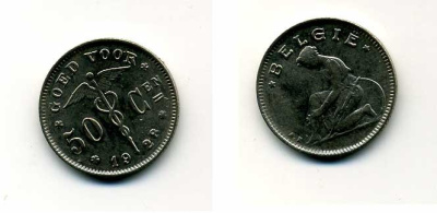 БЕЛЬГИЯ 50 САНТИМОВ 1928 BELGIE KM 88 никель 46-1956