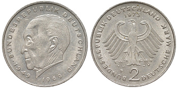 ФРГ 2 марки 1973 F, Теодор Хойс, 20 лет Федеративной Республике (1949-1969) KM A127, J. 407 медно-никель плакированный никелем 4137-1021