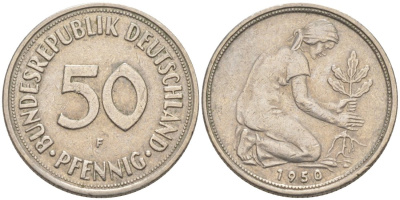 ФРГ 50 пфеннигов 1950 F J 384, KM 109.1 медно-никель 63-348