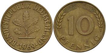 ФРГ 10 пфеннигов 1969 G J. 383, KM 108 сталь плакированная латунью    4603-336