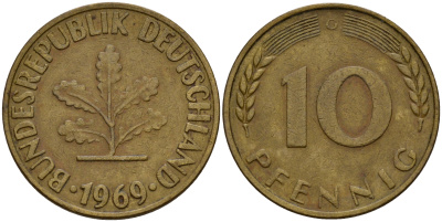ФРГ 10 пфеннигов 1969 G J. 383, KM 108 сталь плакированная латунью    4603-336