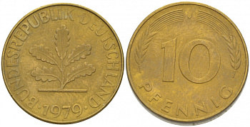 ФРГ 10 ПФЕННИГОВ 1979 J KM 108, J.383 сталь плакированная латунью 3996-641