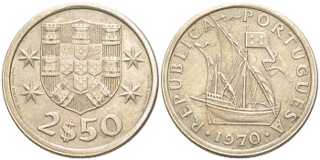 ПОРТУГАЛИЯ 2,5 ЭСКУДО 1970 ПАРУСНИК KM 590 медно-никель XF 4513-1137
