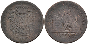 БЕЛЬГИЯ 1 САНТИМ 1875 KM 33.1 медь 4588-461