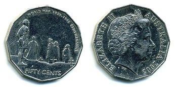 АВСТРАЛИЯ 50 ЦЕНТОВ 2005 1939-1945 В ПАМЯТЬ О ВОЙНЕ KM 746 медно-никель 89-1235