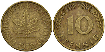 ФРГ 10 пфеннигов 1972 F J. 383, KM 108 сталь плакированная латунью    4603-356