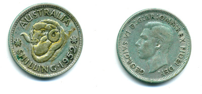 Австралия 1 шиллинг 1952 m, Георг VI (1937-1952), овца меринос KM 46 серебро 57-225