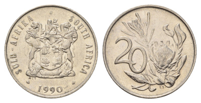 ЮАР 20 центов 1990 герб, цветок протея KM 86 никель 4660-955