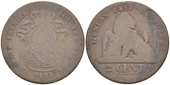 БЕЛЬГИЯ 2 САНТИМА 1835 KM 4.1 медь 216-352