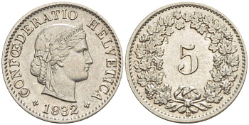 ШВЕЙЦАРИЯ 5 РАППЕНОВ 1932 В KM 26 медно-никель 4532-929