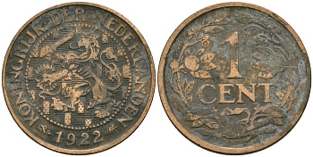 Нидерланды 1 цент 1922 Вильгельмина (1890-1948) KM 152 бронза 4576-1054
