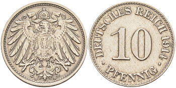 ГЕРМАНИЯ 10 ПФЕННИГОВ 1914 D KM 12, J. 13 медно-никель 190-353