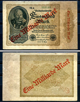 Германия 1000000000 марок 1923 красная диагональная, двухсторонняя надпечатка на 1000 марок 1922, бумага белая, водяной знак 1001 Pick 113 a (2) бумага 8589-49-3-1