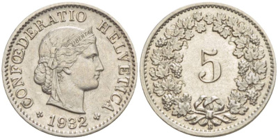 ШВЕЙЦАРИЯ 5 РАППЕНОВ 1932 В KM 26 медно-никель 4532-929