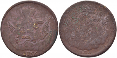 Россия 1 копейка 1756 ММД, в облаках Биткин 383 медь 413-222