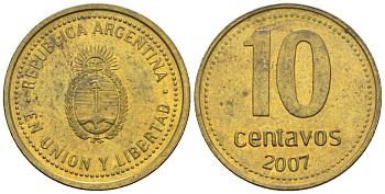 Аргентина 10 сентаво 2007 KM 107a, CJ 3, Schon 110a сталь плакированная латунью 4609-1256